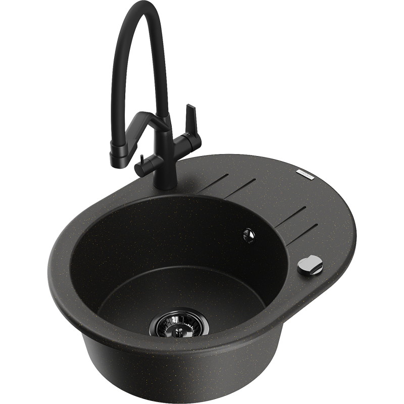 Mexen Kevin fregadero de granito de 1 cubeta con grifo de cocina Duo, negro/dorado metálico - 6517-75-671701-70-B