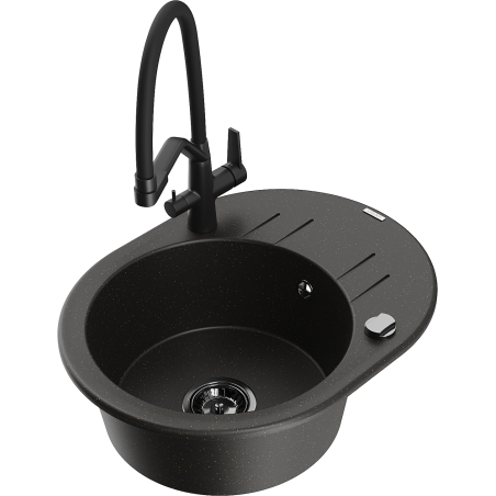 Mexen Kevin fregadero de granito de 1 compartimiento con grifo de cocina Duo, negro/dorado metálico - 6517-75-671701-70-B
