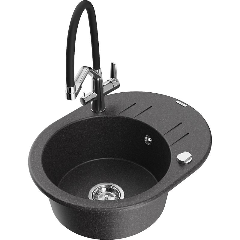 Mexen Kevin 1-allasinen graniittinen keittiöallas ja keittiöhana Duo, musta pilkullinen - 6517-76-671701-07