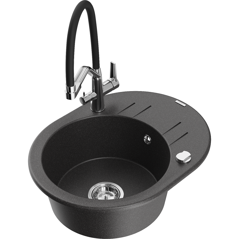 Mexen Kevin fregadero de granito de 1 cubeta con grifo de cocina Duo, negro moteado - 6517-76-671701-07