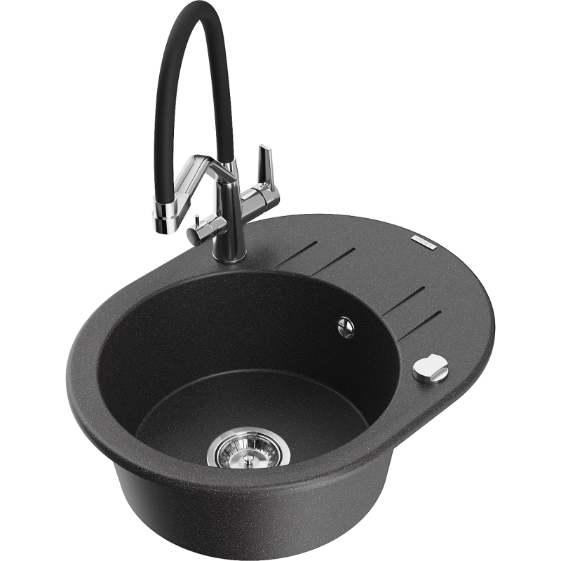 Mexen Kevin granitē izlietne ar vienu bļodu un virtuves krānu Duo, melna ar plankumiem - 6517-76-671701-07