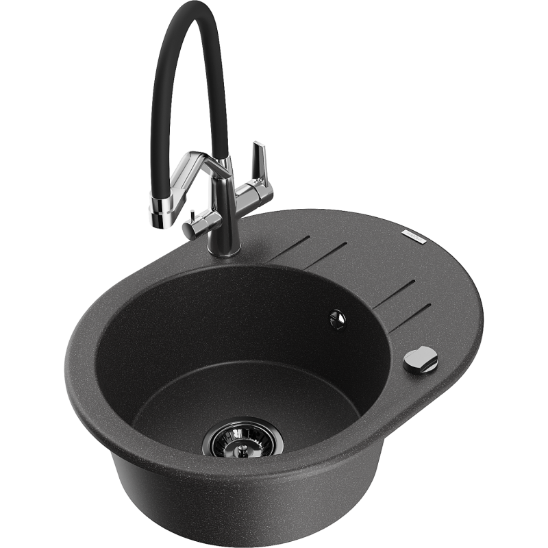 Mexen Kevin fregadero de granito de 1 tazón con grifo de cocina Duo, negro moteado - 6517-76-671701-07-B