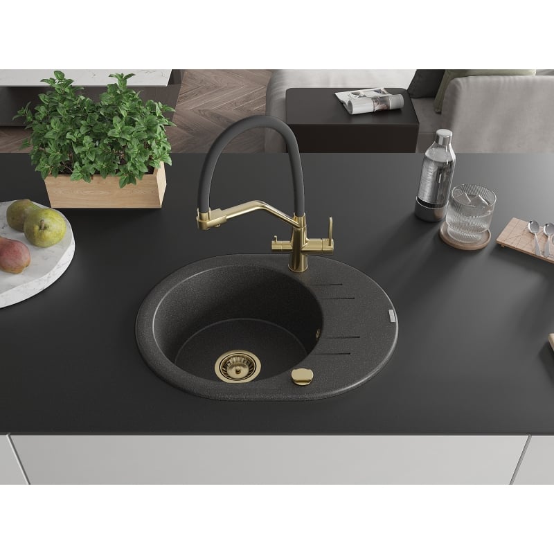 Mexen Kevin 1-bowl granite kitchen sink with Duo faucet, black speckled - 6517-76-671701-57-G