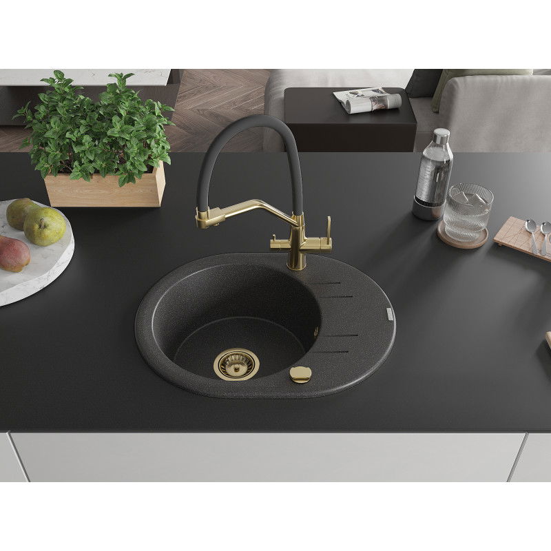 Mexen Kevin granite 1-bowl sink with Duo kitchen tap, speckled black - 6517-76-671701-57-G