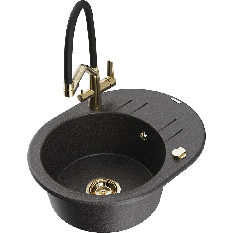 Mexen Kevin fregadero de granito de 1 cubeta con grifo de cocina Duo, negro moteado - 6517-76-671701-57-G