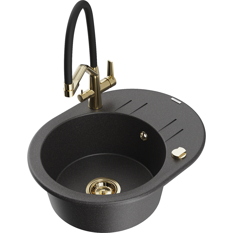 Mexen Kevin Granit-Spullsteen mat enger Kichenarmatur Duo, schwaarz gesprenkelt - 6517-76-671701-57-G