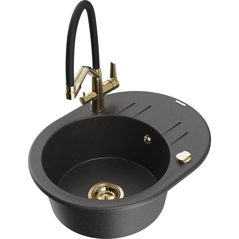 Mexen Kevin lavello in granito a 1 vasca con miscelatore cucina Duo, nero maculato - 6517-76-671701-57-G