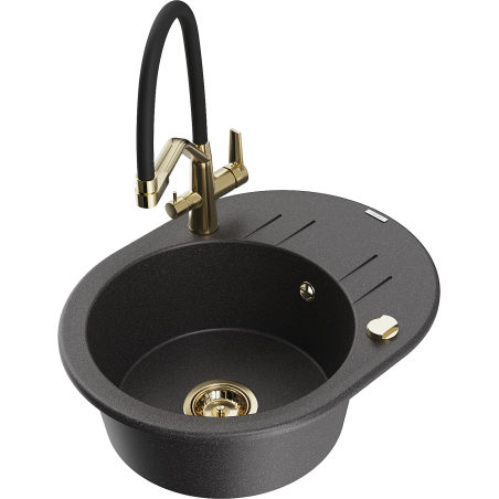 Mexen Kevin fregadero de cocina de granito de 1 cubeta con grifo de cocina Duo, negro moteado - 6517-76-671701-57-G