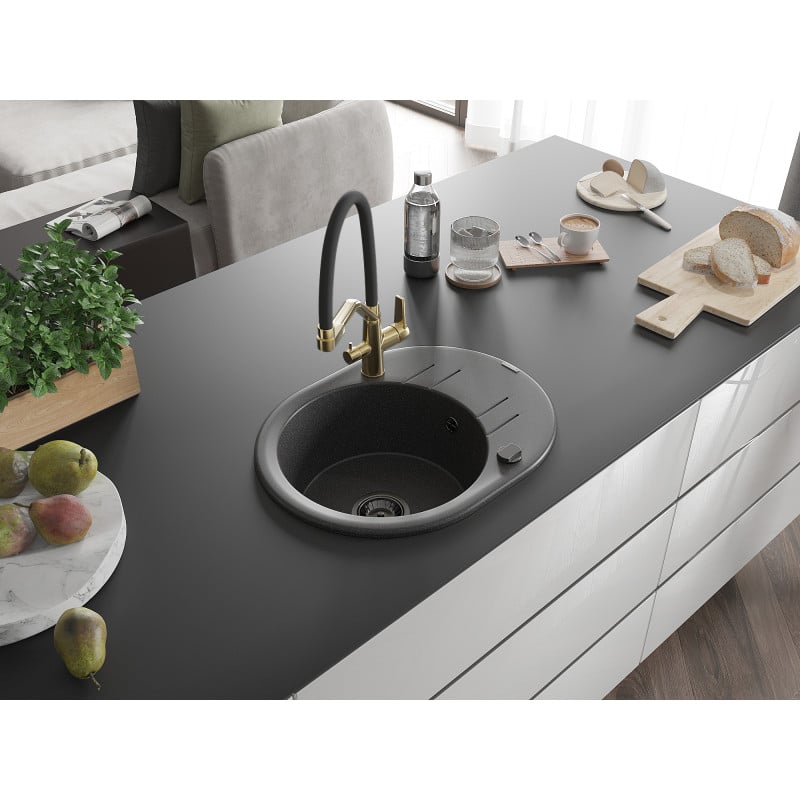 Mexen Kevin fregadero de granito de 1 seno con grifo de cocina Duo, negro moteado - 6517-76-671701-57-B