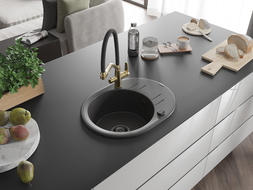 Mexen Kevin 1-bowl granite kitchen sink with Duo tap, black speckled - 6517-76-671701-57-B