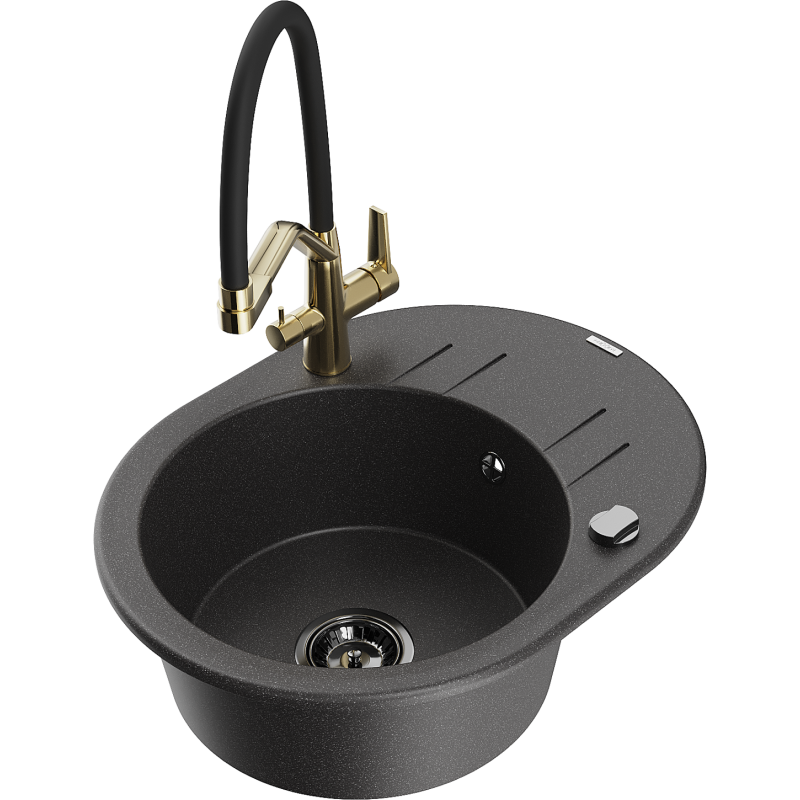 Mexen Kevin fregadero de granito de 1 seno con grifo de cocina Duo, negro moteado - 6517-76-671701-57-B