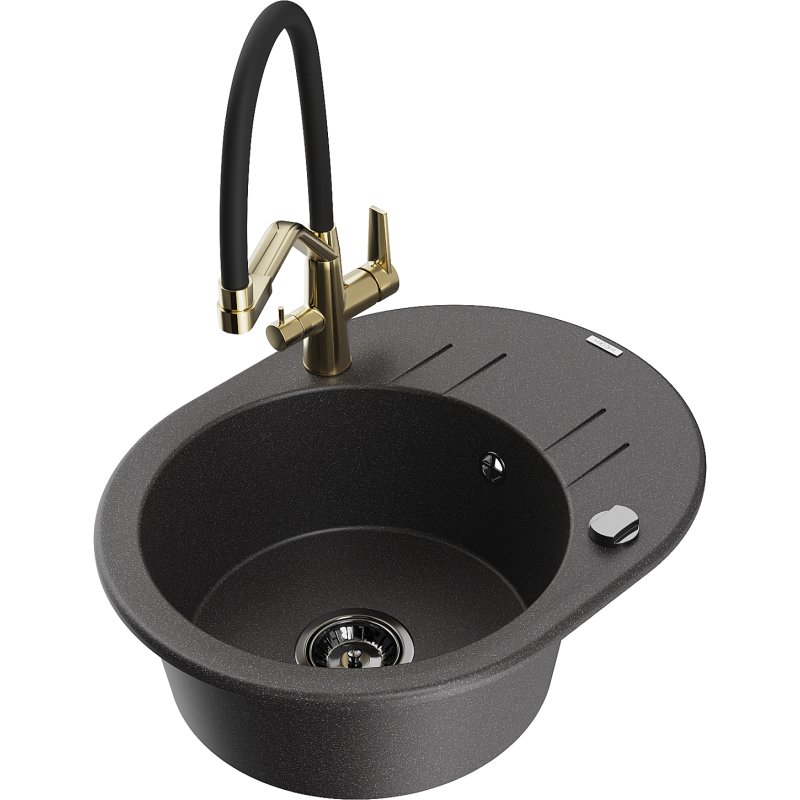 Mexen Kevin lavello in granito a 1 vasca con rubinetto da cucina Duo, nero maculato - 6517-76-671701-57-B