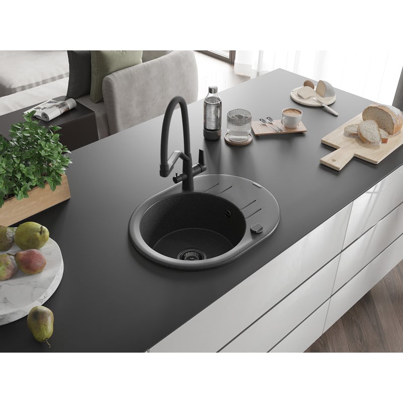Mexen Kevin fregadero de granito de 1 seno con grifo de cocina Duo, negro moteado - 6517-76-671701-70-B