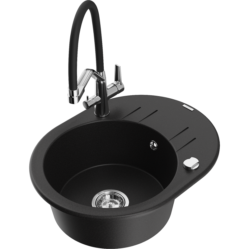 Mexen Kevin fregadero de granito de 1 seno con grifo de cocina Duo, negro - 6517-77-671701-07