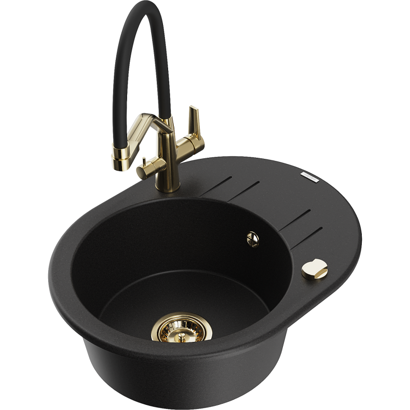 Mexen Kevin fregadero de granito de 1 cubeta con grifo de cocina Duo, negro - 6517-77-671701-57-G