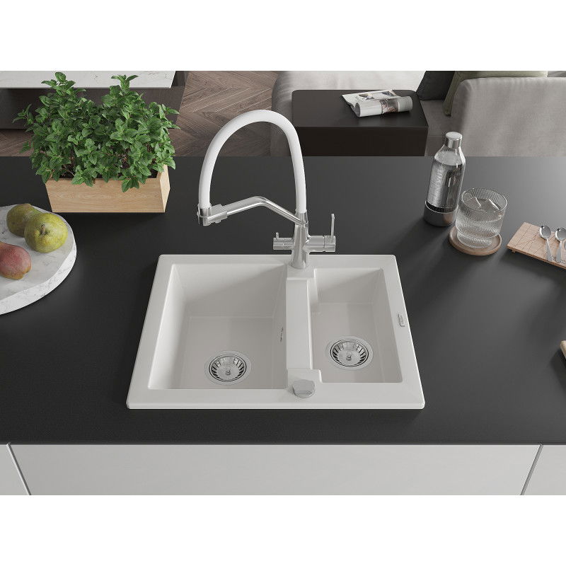 Mexen Carlos granite kitchen sink 1.5-bowl with Duo kitchen tap, white - 6518-20-671701-02