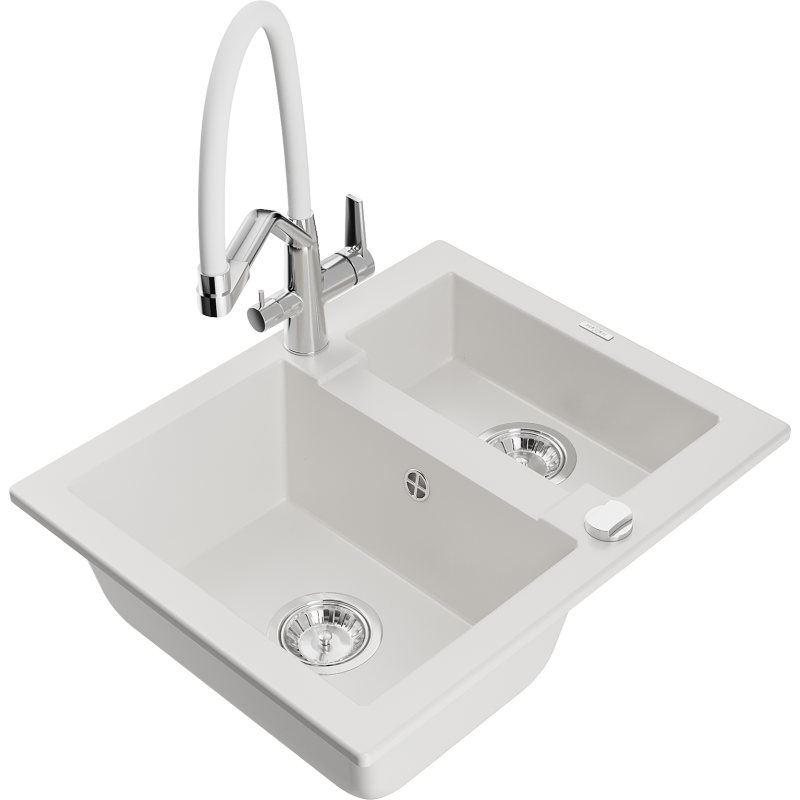 Mexen Carlos granitdiskho 1,5-fack med Duo köksblandare, vit - 6518-20-671701-02