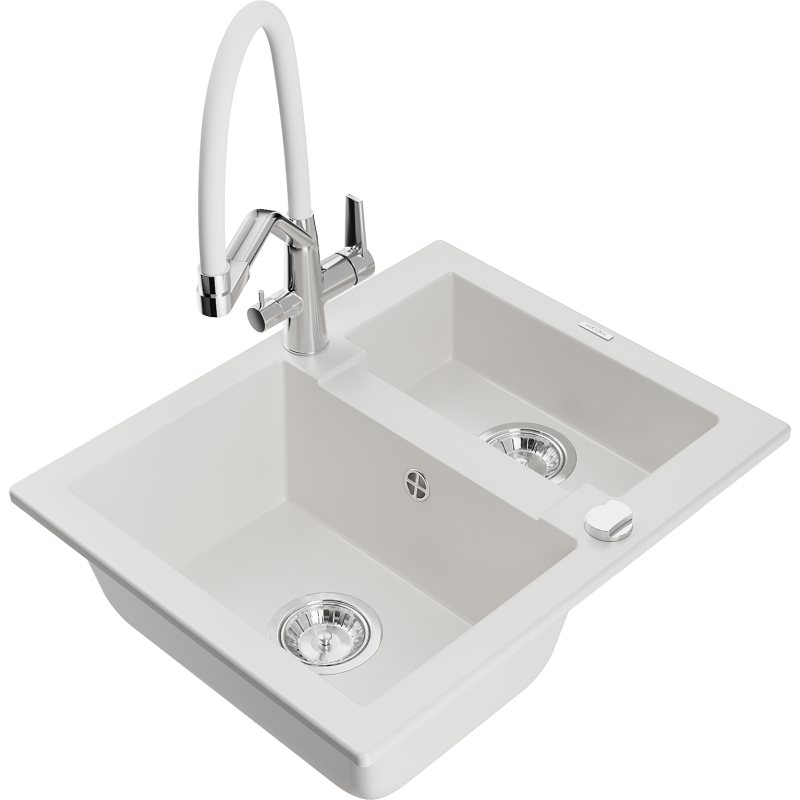 Mexen Carlos granite kitchen sink 1.5-bowl with Duo kitchen tap, white - 6518-20-671701-02