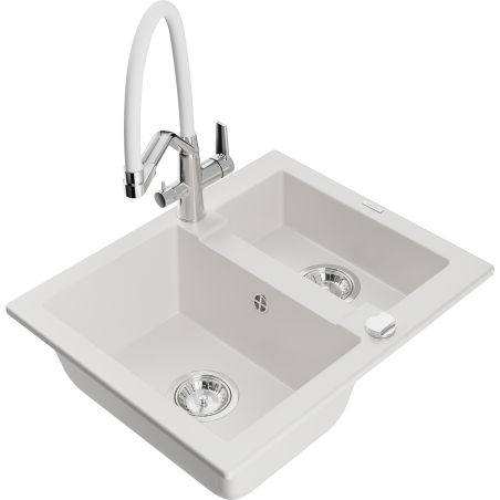 Mexen Carlos granite kitchen sink 1.5-bowl with Duo kitchen tap, white - 6518-20-671701-02