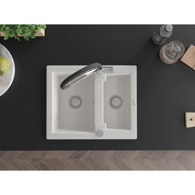 Mexen Carlos granieten gootsteen 1,5-komers met keukenkraan Duo, wit - 6518-20-671701-07