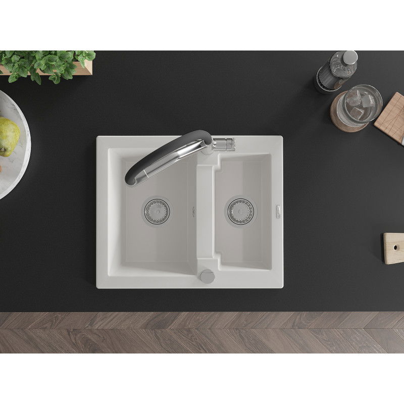 Mexen Carlos granite sink 1.5-bowl with Duo kitchen tap, white - 6518-20-671701-07