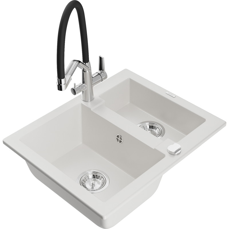 Mexen Carlos fregadero de granito de 1,5 compartimentos con grifo de cocina Duo, blanco - 6518-20-671701-07