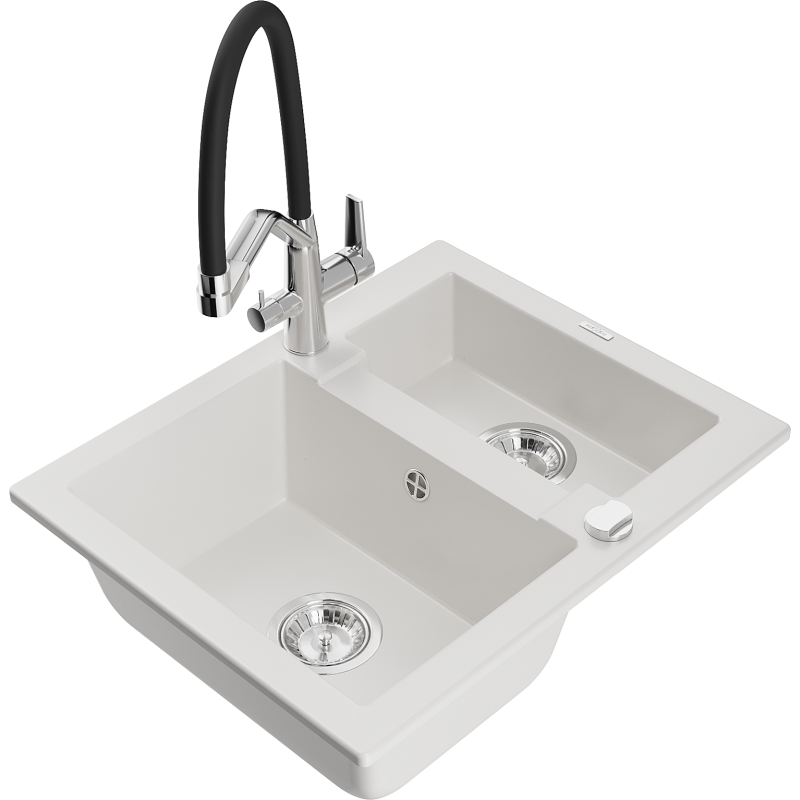 Mexen Carlos fregadero de granito de 1,5 senos con grifo de cocina Duo, blanco - 6518-20-671701-07