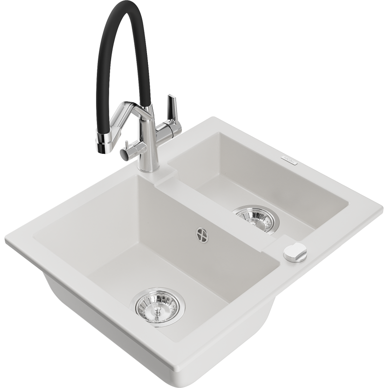 Mexen Carlos lava-loiça de granito 1,5-bacias com torneira de cozinha Duo, branco - 6518-20-671701-07