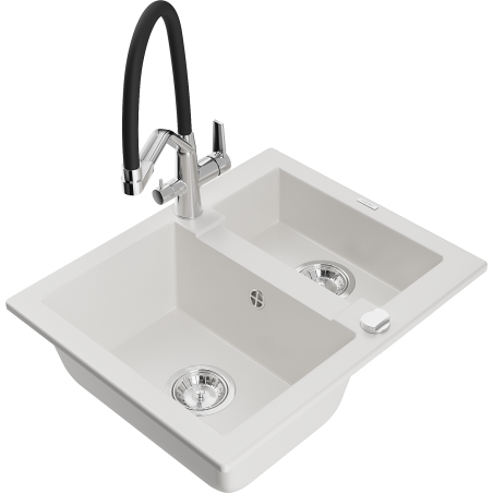 Mexen Carlos Granitais izlietne ar 1,5 kameru un virtuves jaucējkrānu Duo, balta - 6518-20-671701-07