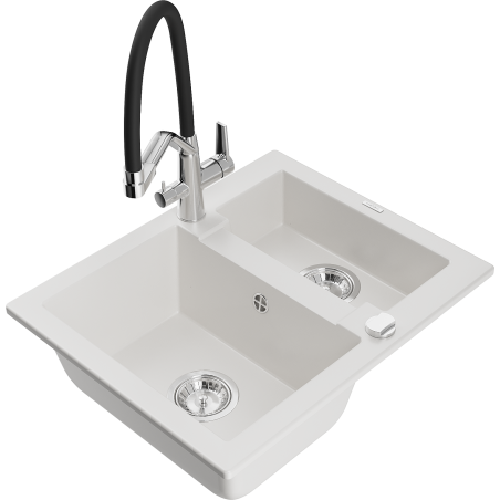 Mexen Carlos granite sink 1.5-bowl with Duo kitchen tap, white - 6518-20-671701-07