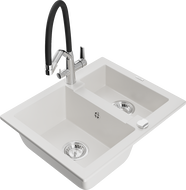 Mexen Carlos 1.5-bowl granite sink with Duo kitchen faucet, white - 6518-20-671701-07