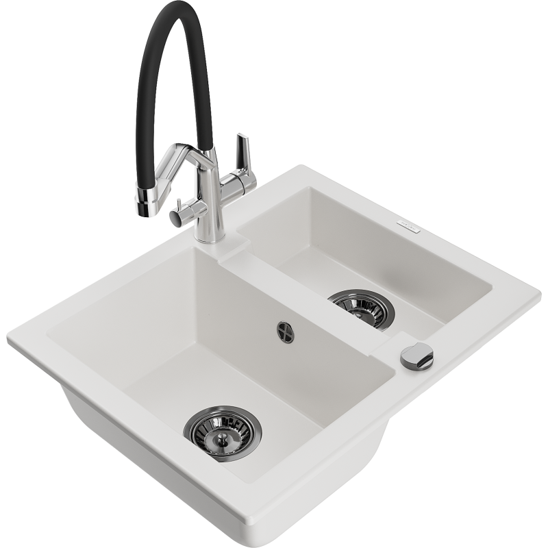 Mexen Carlos granite sink 1.5-bowl with Duo kitchen tap, white - 6518-20-671701-07-B
