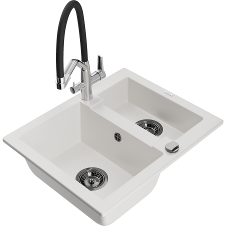 Mexen Carlos fregadero de granito de 1,5 senos con grifo de cocina Duo, blanco - 6518-20-671701-07-B