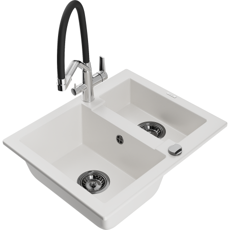 Mexen Carlos granite sink 1.5-bowl with Duo kitchen tap, white - 6518-20-671701-07-B