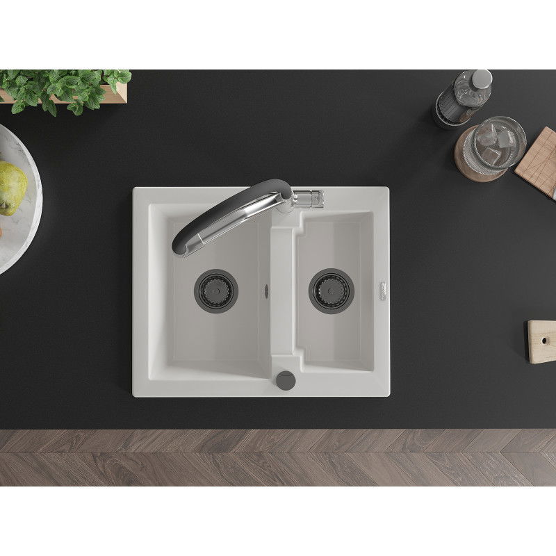 Mexen Carlos fregadero de granito de 1,5 senos con grifo de cocina Duo, blanco - 6518-20-671701-07-B