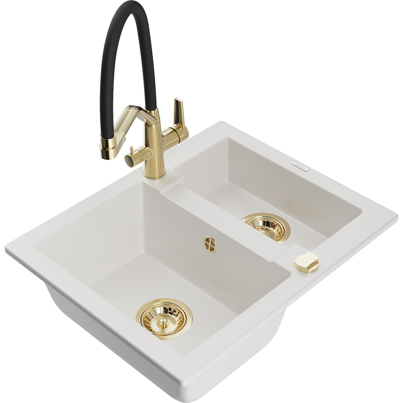 Mexen Carlos granitdiskho med 1,5 fack med Duo köksblandare, vit - 6518-20-671701-57-G