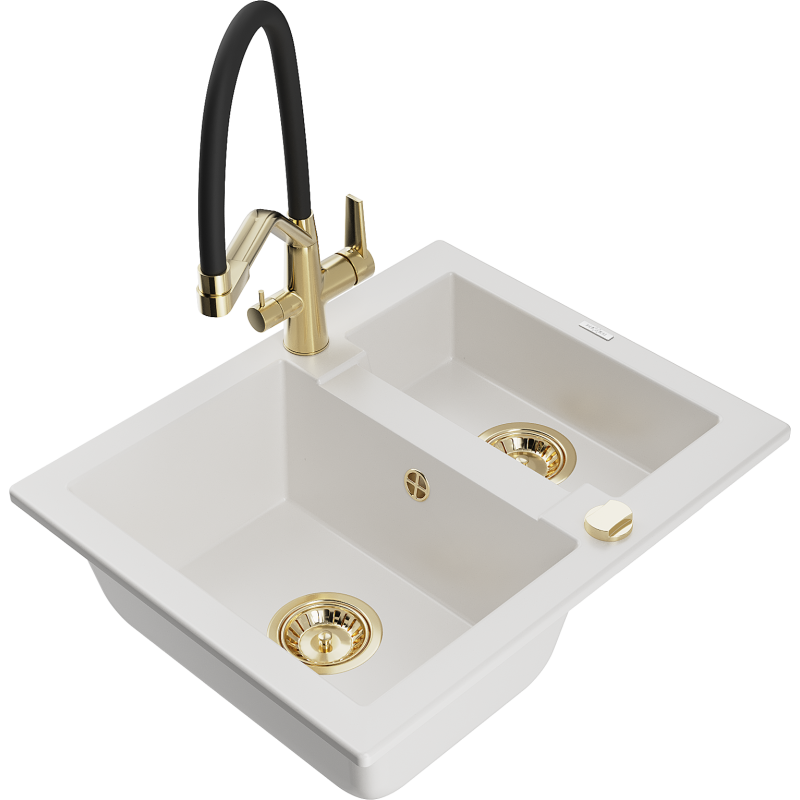 Mexen Carlos granite sink 1.5-bowl with Duo kitchen tap, white - 6518-20-671701-57-G