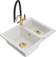 Mexen Carlos granite sink 1.5-bowl with Duo kitchen tap, white - 6518-20-671701-57-G