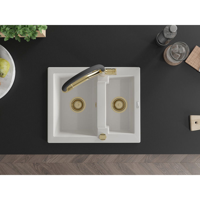 Mexen Carlos fregadero de granito de 1,5 senos con grifo de cocina Duo, blanco - 6518-20-671701-57-G