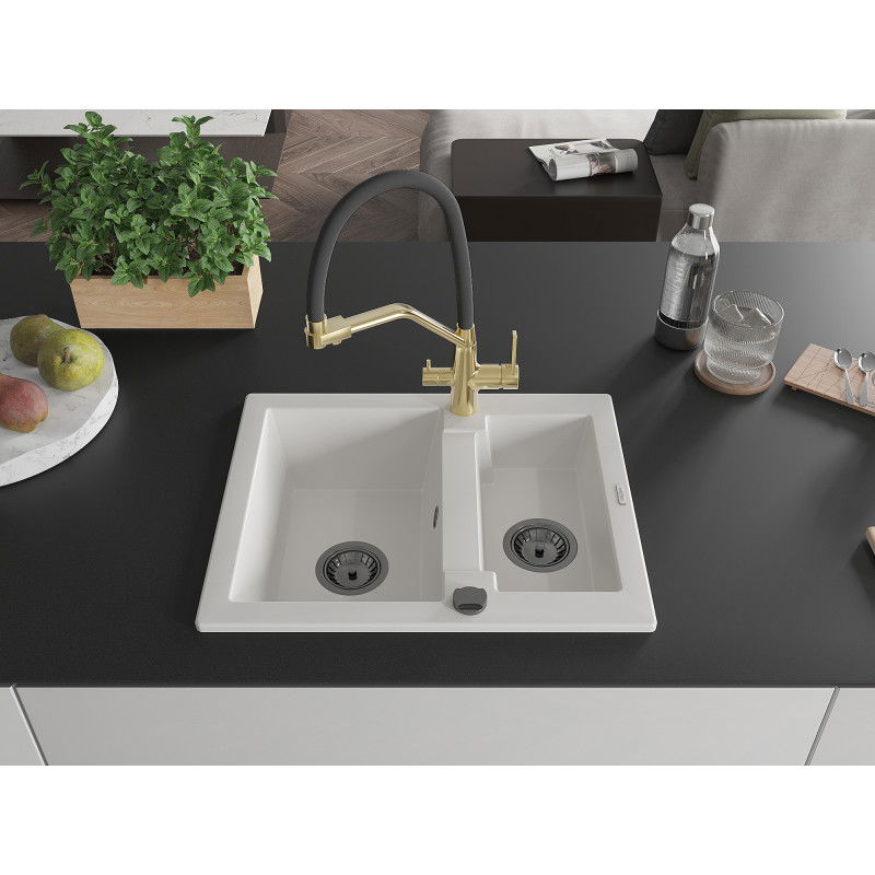 Mexen Carlos Granite Sink 1.5-Bowl with Duo Kitchen Faucet, White - 6518-20-671701-57-B