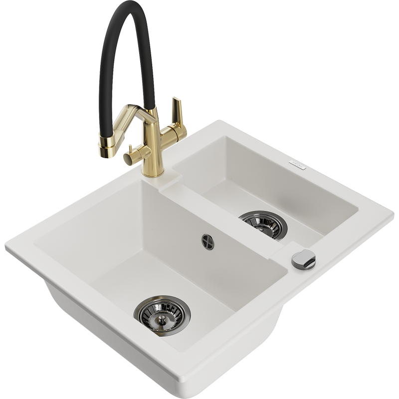 Mexen Carlos fregadero de granito 1,5 senos con grifo de cocina Duo, blanco - 6518-20-671701-57-B