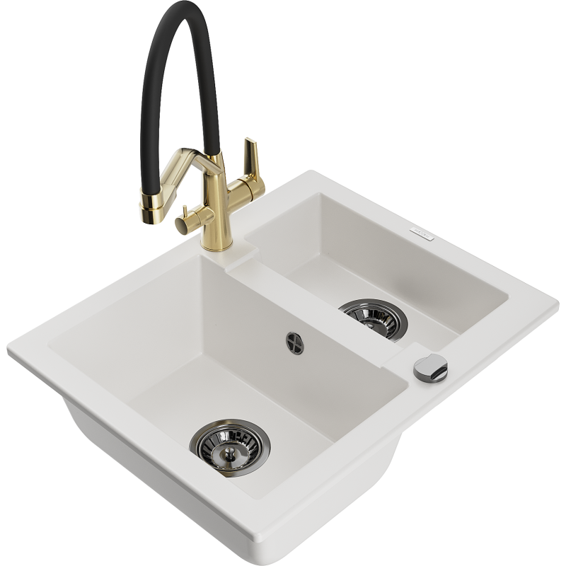 Mexen Carlos lava-loiça de granito de 1,5 bacias com torneira de cozinha Duo, branco - 6518-20-671701-57-B