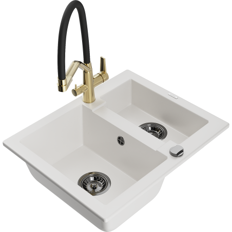 Mexen Carlos Granite Sink 1.5-Bowl with Duo Kitchen Faucet, White - 6518-20-671701-57-B