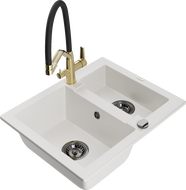 Mexen Carlos Granite Sink 1.5-Bowl with Duo Kitchen Faucet, White - 6518-20-671701-57-B