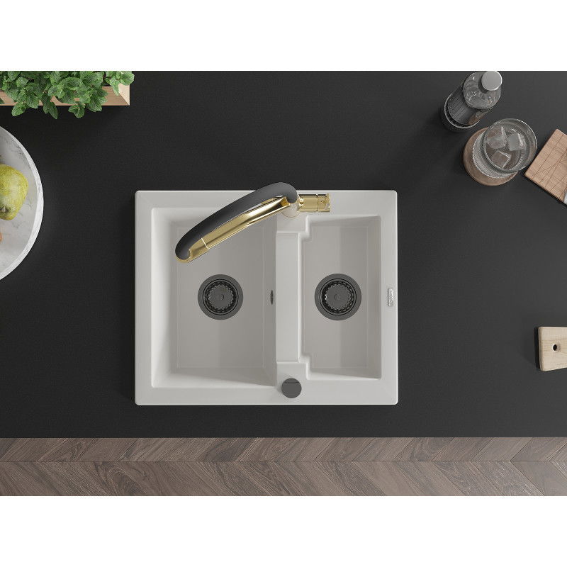 Mexen Carlos fregadero de granito 1,5 senos con grifo de cocina Duo, blanco - 6518-20-671701-57-B