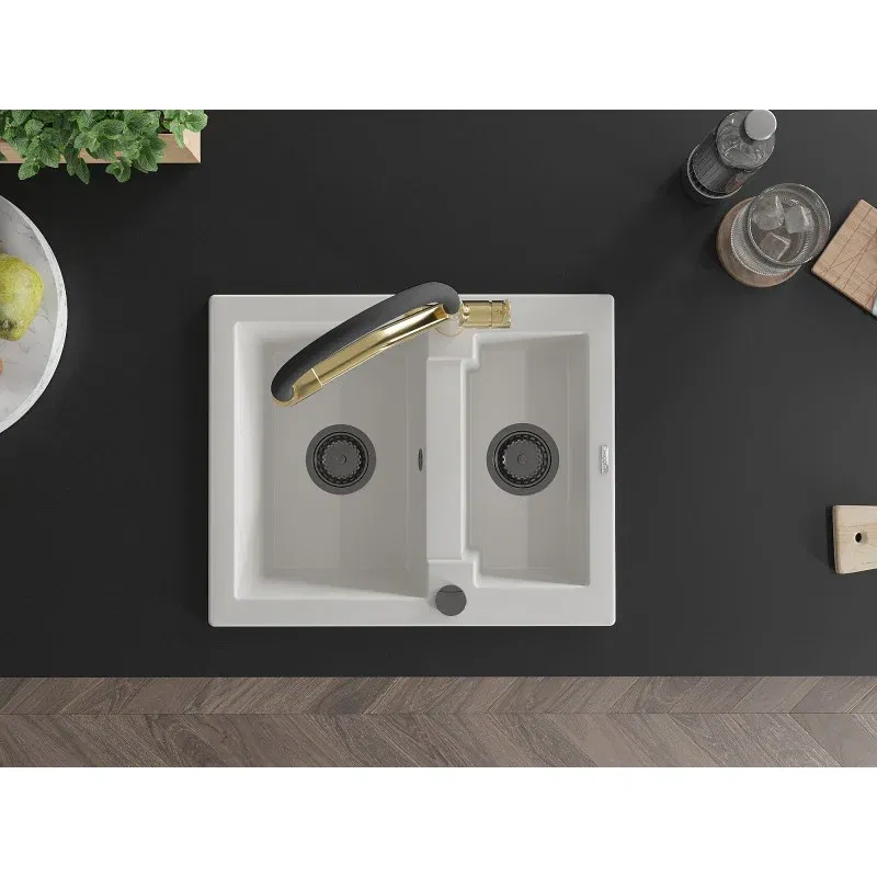 Mexen Carlos Granitspüle 1,5-fach mit Küchenarmatur Duo, weiß - 6518-20-671701-57-B