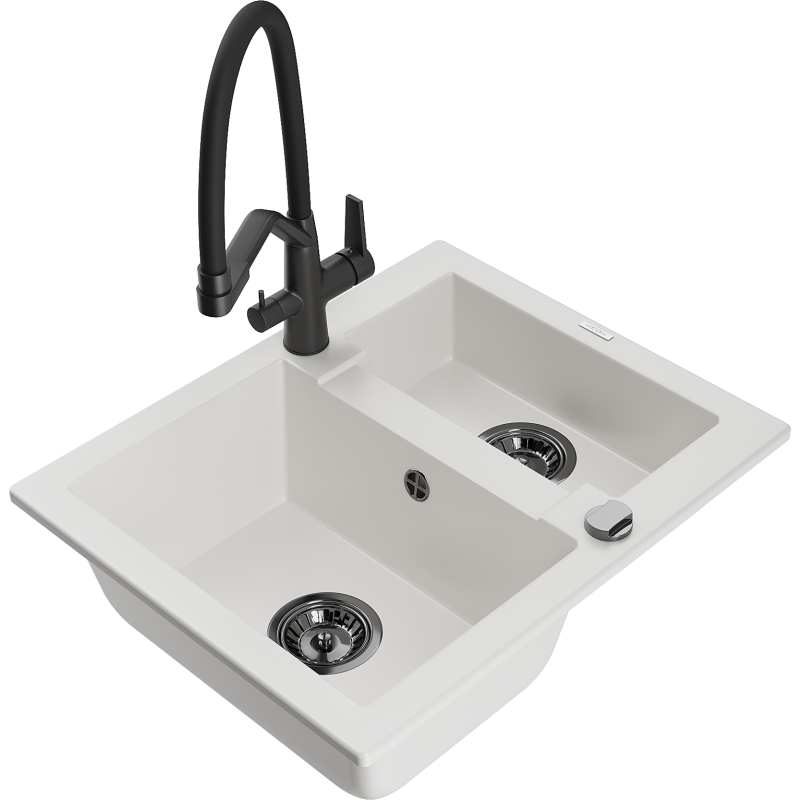 Mexen Carlos lava-loiça de granito de 1,5 cubas com torneira de cozinha Duo, branco - 6518-20-671701-70-B
