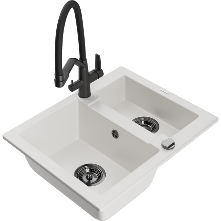 Mexen Carlos fregadero de granito de 1,5 senos con grifo de cocina Duo, blanco - 6518-20-671701-70-B