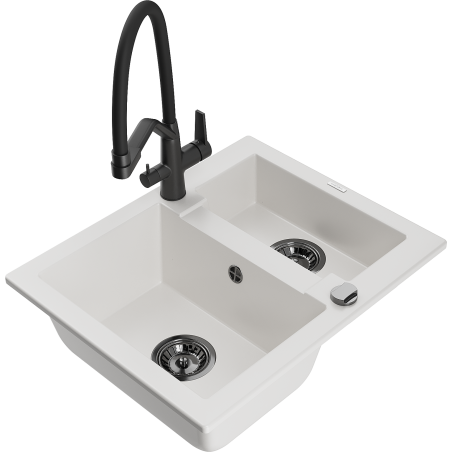 Mexen Carlos granīta izlietne ar 1,5 nodalījumiem un virtuves jaucējkrānu Duo, balta - 6518-20-671701-70-B