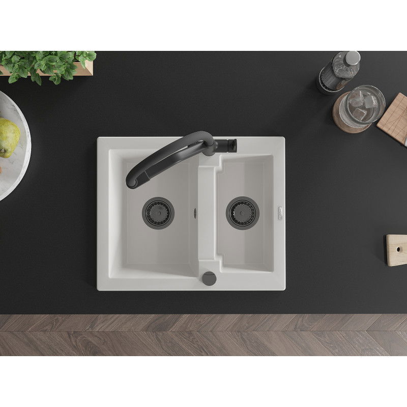 Mexen Carlos 1.5-bowl granite kitchen sink with Duo mixer tap, white - 6518-20-671701-70-B